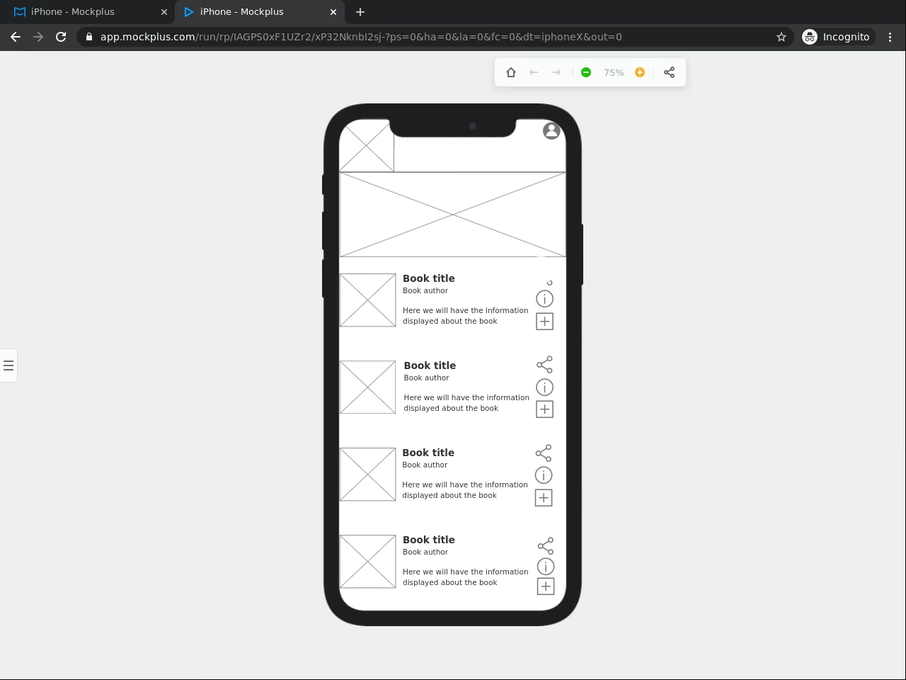 Wireframe of mobile app screen created in Mockplus